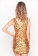 PLAIN GOLD COLOR SEQUIN V-NECK SLEEVELESS PARTY DRESS