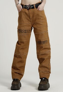 Distressed jeans ripped finish slogan denim pants brown