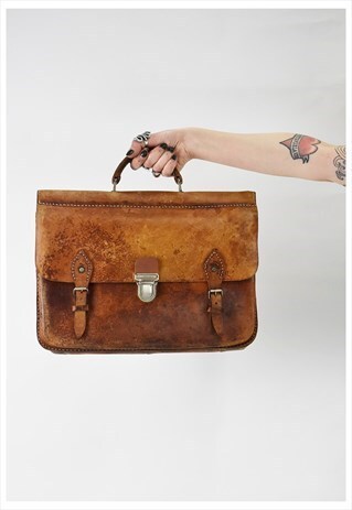 VINTAGE 70S TAN LEATHER BRIEFCASE MESSENGER BAG