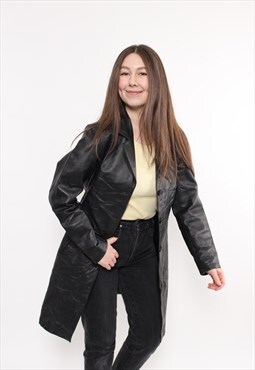 Woman black leather trench, vintage 90s minimalist coat