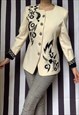 VINTAGE 80S CREAM BLAZER WITH BLACK BEADING, UK10/12 MEDIUM