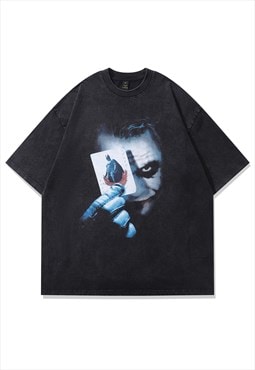 Joker print t-shirt clown cartoon tee grunge top in grey