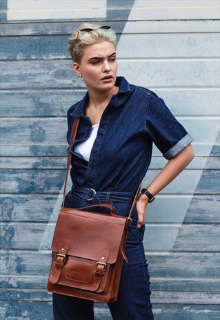 LEATHER MESSENGER SATCHEL CROSSBODY BAG IN TAN BROWN