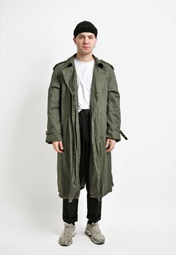 80s vintage trench coat men's green 90s spring long belted