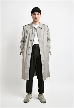 Vintage 90s detective trench coat men's grey 80s long belted