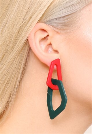 GEOMETRIC RED GREEN ACRYLIC STATEMENT EARRINGS