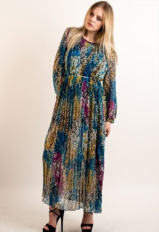 BLUE LEOPARD AND FLORAL PRINT PLEATED CHIFFON MAXI DRESS