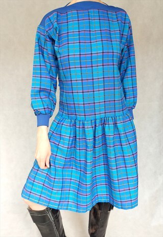 Vintage Blue Plaid Summer Dress, Checked Long Sleeve Prairie