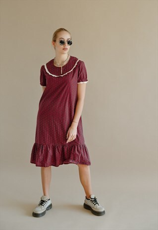 VINTAGE FRILL HEM ABSTRACT PRINT MIDI DRESS IN BURGUNDY S