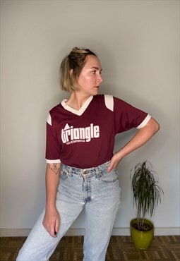 Vintage 1980s Unisex Maroon and White Sporty V-Neck Tee