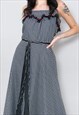 70'S VINTAGE LADIES DRESS BLACK WHITE CHECK RUFFLE MAXI
