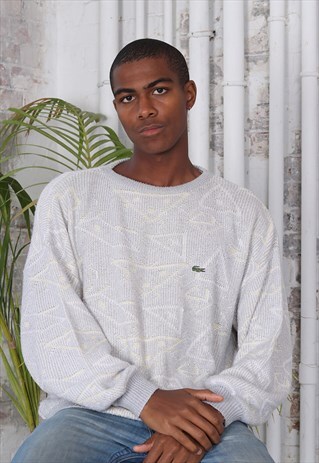 VINTAGE LACOSTE LOGO PATTERN KNITTED JUMPER GREY