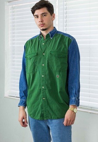 VINTAGE TOMMY HILFIGER SHIRT COLOR BLOCK DENIM LOGO 90S 17.6