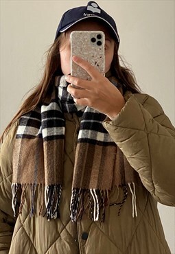 Vintage 90s unisex tartan check brown plaid tassel scarf 