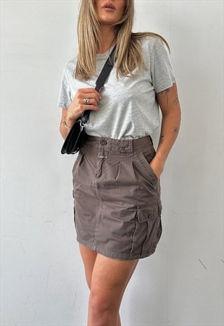 VINTAGE CARGO SKIRT 90S BROWN PURE COTTON MINI UTILITY W30