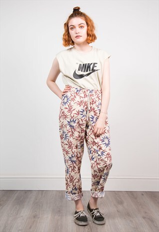 VINTAGE 90'S CREAM PATTERNED LOOSE FIT TROUSERS