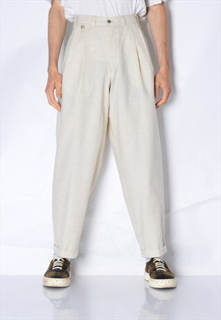 VINTAGE 80S CREAM LINEN BLEND PLEATED PANTS
