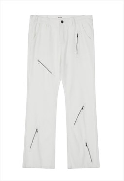 Utility jeans grunge multi zipper denim pants in white