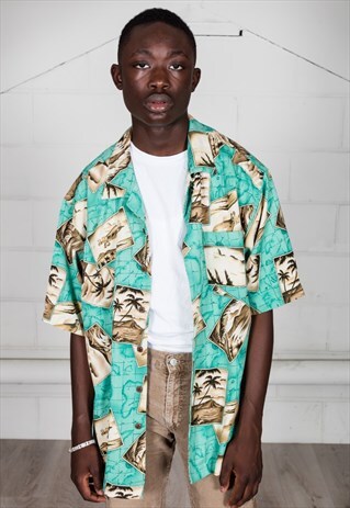 VINTAGE TURQUOISE POSTCARD SHORT SLEEVE SHIRT