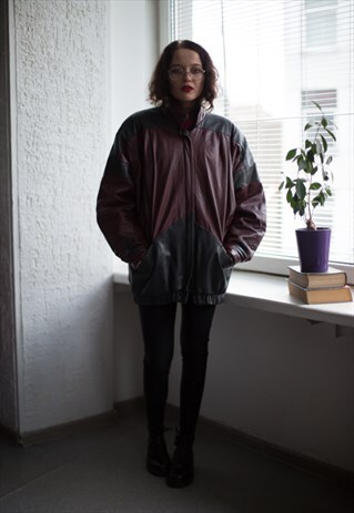 VINTAGE 80'S MAROON/BLACK LEATHER JACKET