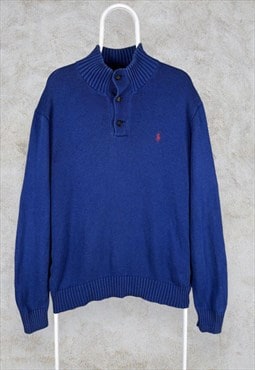 Polo Ralph Lauren Blue 1/4 Button Jumper Cotton Men's Large