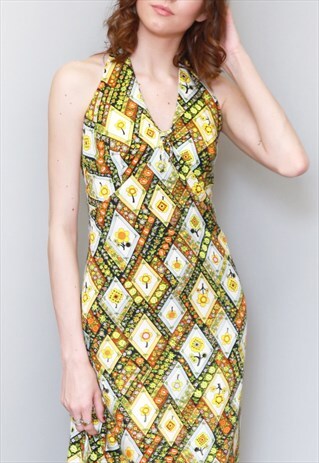 VINTAGE 1970'S FLORAL PRINT HALTER NECK MAXI DRESS