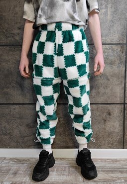 Check fleece jogger detachable handmade chess overalls green