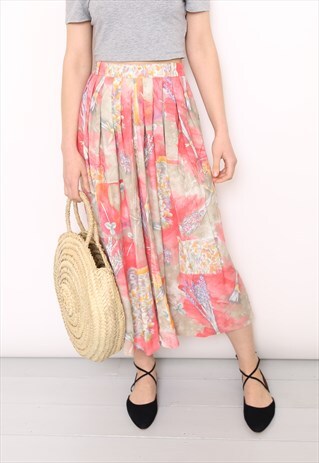 VINTAGE 90S PINK FLORAL PRINT PLEATED MIDI SKIRT