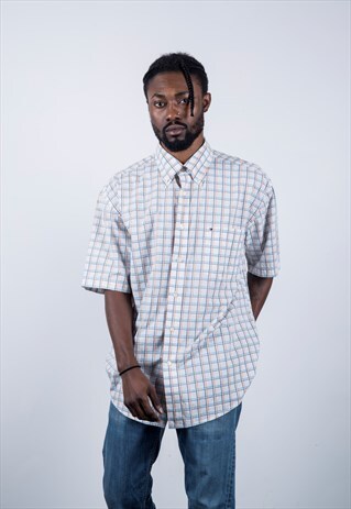 TOMMY HILFIGER VINTAGE 1990S BLUE AND PEACH CHECKED SHIRT