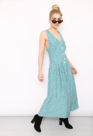 VINTAGE 90S GREEN FLORAL PRINT MIDI DRESS