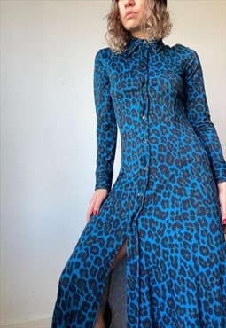 Petrol Blue Leopard Print Midi Shirt Dress