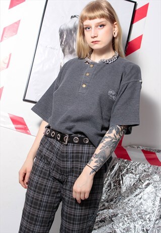 90S GRUNGE OVERSIZE REPLAY GREY HENLEY T-SHIRT GOLDEN BUTTON