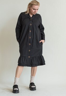 Vintage 60s Button Up Bell Shape Midi Dress in Black Wool