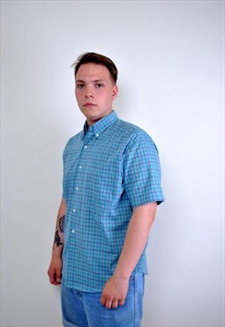 Blue plaid shirt, vintage summer button up, short sleeve 