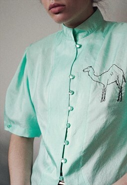 Reworked Vintage Hand embroidered mint green kimono shirt