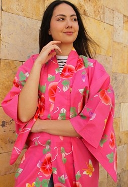 Long Kimono in Pink Floral Print