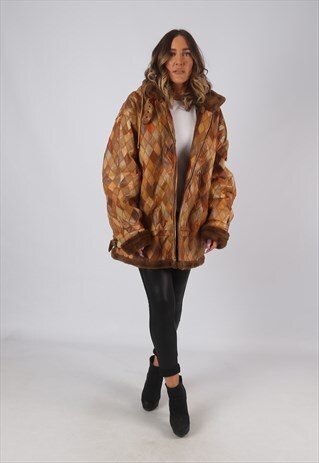 PATCHWORK LEATHER FAUX SHEEPSKIN HOODED COAT UK 18 (DKDJ)