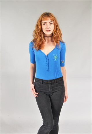 VINTAGE ROYAL BLUE "JENNIFER" EMBROIDERED BODYSUIT