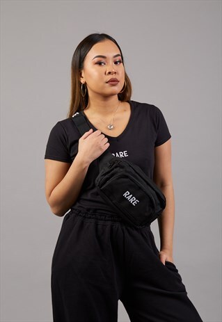 BUM BAG IN BLACK WITH WHITE EMBROIDERY