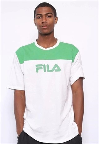 VINTAGE FILA BIG LOGO SPELLOUT T-SHIRT WHITE AND GREEN