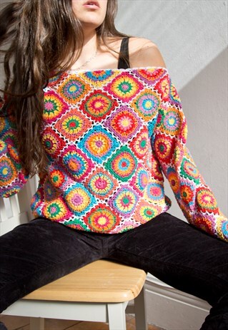 MULTICOLOURED RAINBOW FESTIVAL PATCHWORK CROCHET JUMPER