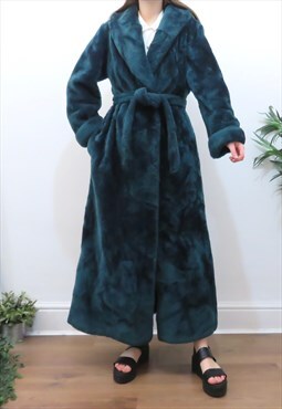 80s Vintage Turquoise Faux Fur Long Robe Coat