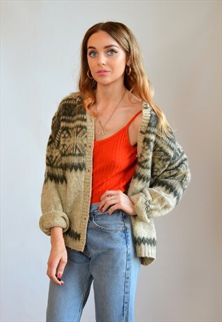 VINTAGE GREY NORDIC KNITTED PATTERN WOOL CARDIGAN