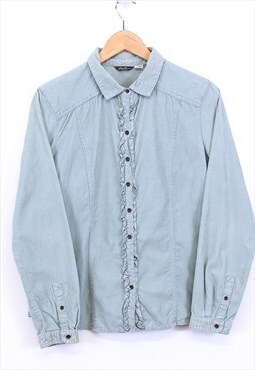 Vintage Corduroy Ruffle Shirt Blue Button Up Collared 90s