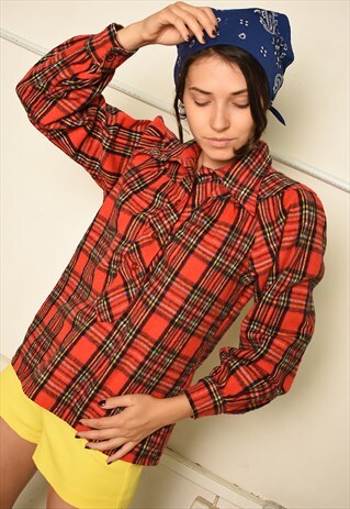 VINTAGE 70S PARIS CHIC WARM FLANNEL SHIRT WITH TARTAN PRINT