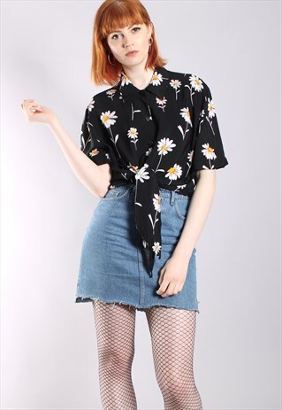 VINTAGE 80S DAISY OVERSIZE TIE UP CROPPED BLOUSE TOP