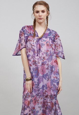 VINTAGE 70'S PINK AND PURPLE FLORAL INDIAN BOHO DRESS