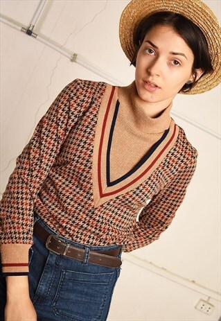 70'S RETRO KNIT DOGTOOTH PATTERN PARIS CHIC JUMPER