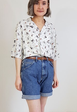 VINTAGE 90'S CREAM 1950'S STYLE GRAPHIC PRINT SHIRT