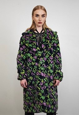 Graffiti fleece coat long neon pattern trench rabbit jacket
